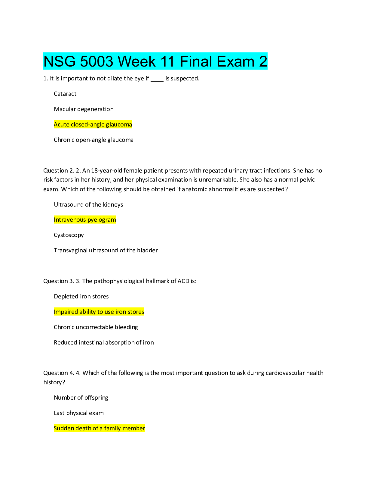 Preview image of NSG 5003 Week 11 Final Exam 2 document